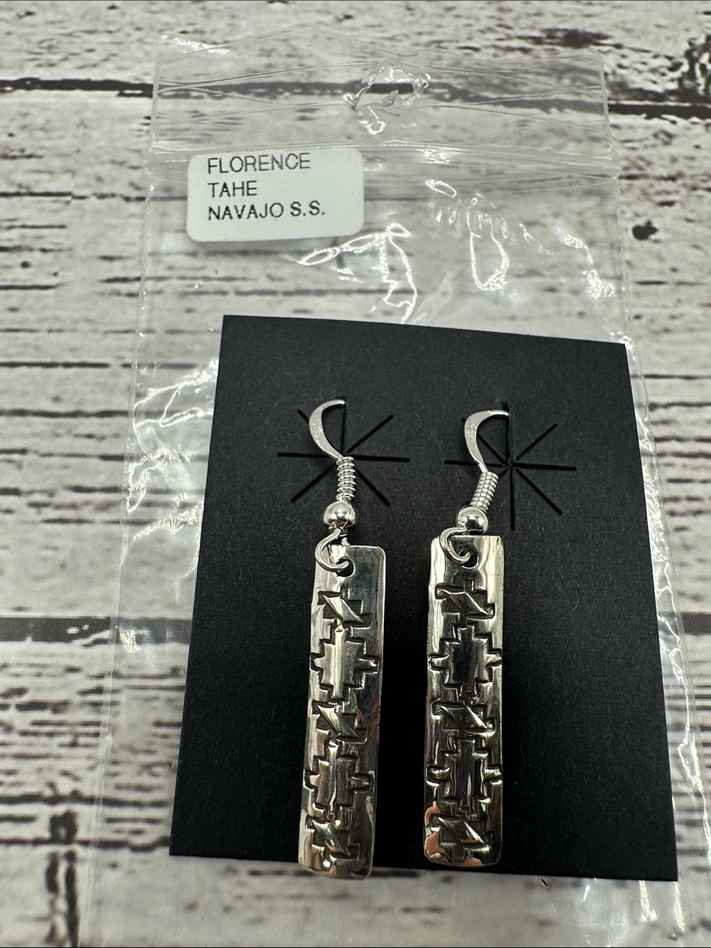 Florence Tahe Navajo Sterling Silver Etched Rectangle Drop Earrings - Silver